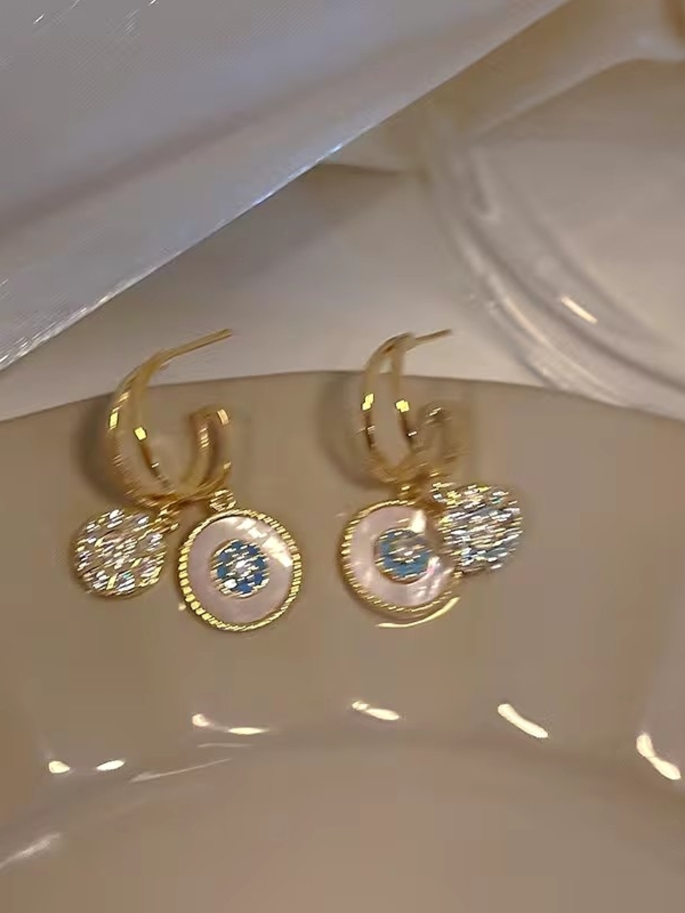 Gold Hoop Earrings with Mother-of-Pearl and Blue Crystal Charm - Women Jewelry
